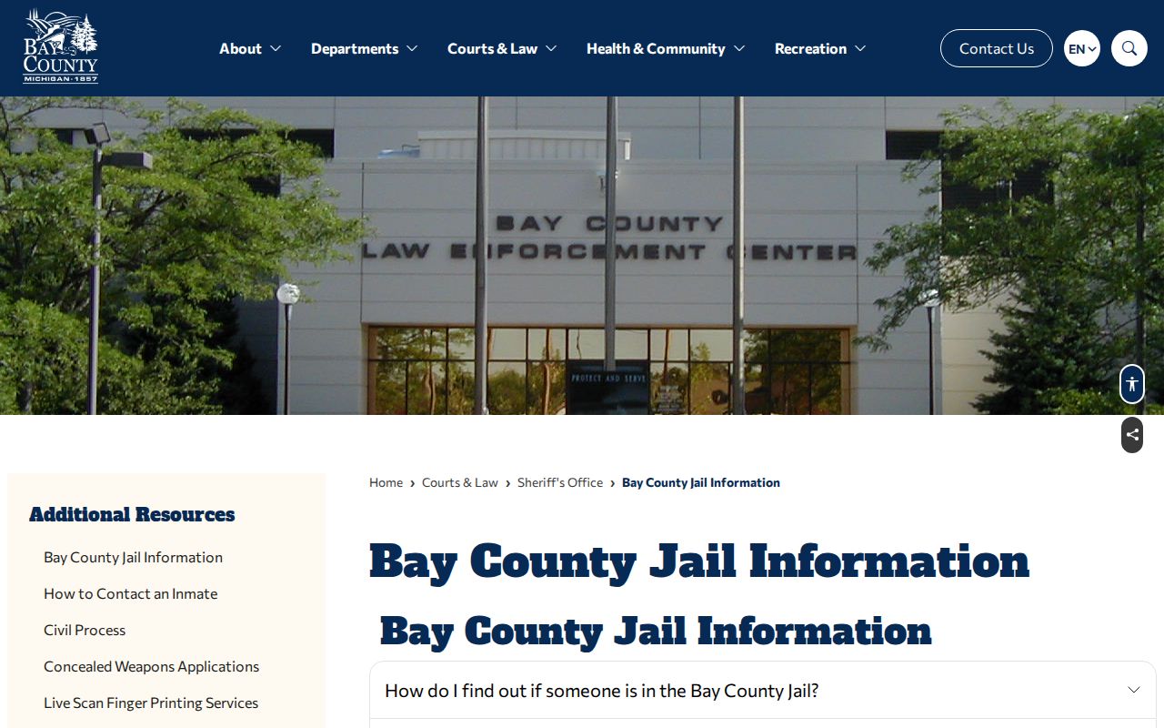 Bay County jail information page with custody and address details
