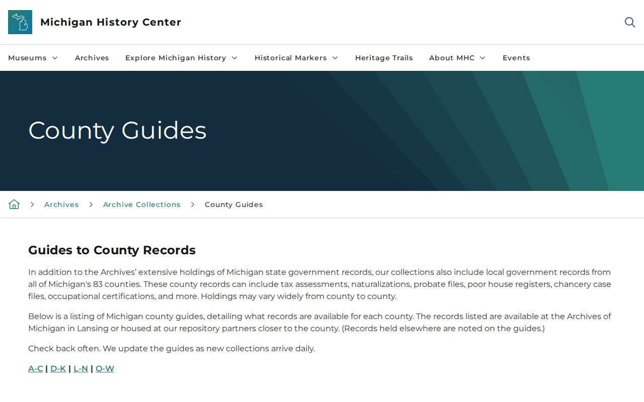Archives of Michigan county guide index