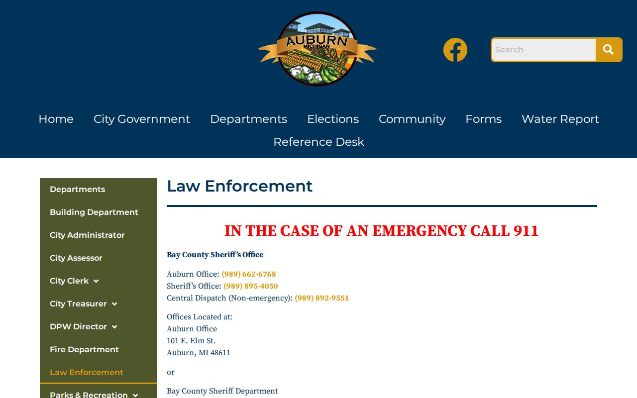 Auburn law enforcement page showing Bay County Sheriff arrest service