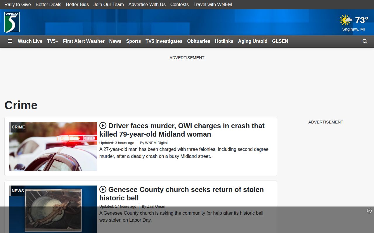 WNEM regional crime news page covering Bay County events